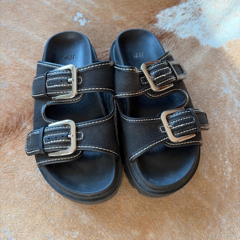 H&M Black Double Strap Slide Sandals with Silver Buckles